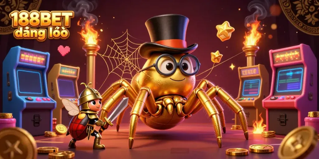 Engage in thrilling games with 188BET đăng nhập in a vibrant casino scene showcasing colorful characters and arcade elements.