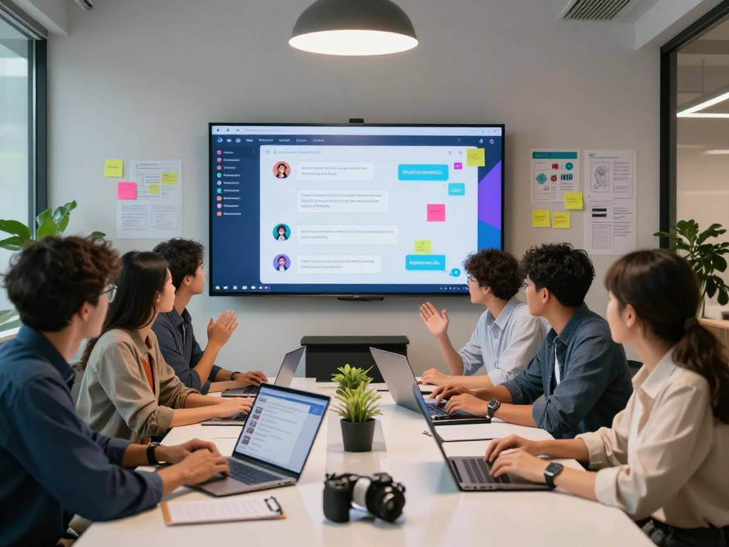 Young professionals engaging in an ai dirty chat discussion in a modern workspace with vibrant graphics.